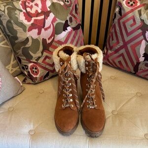GB Girls Brown Lace-Up Boots with Cream Trim